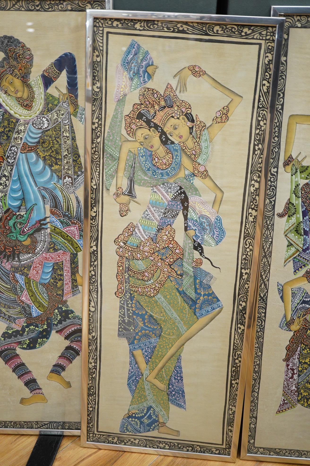 Two highly decorative coloured Thai cut-out pictures and three Thai paintings on fabric of Thai Dancers, largest 82 x 28cm